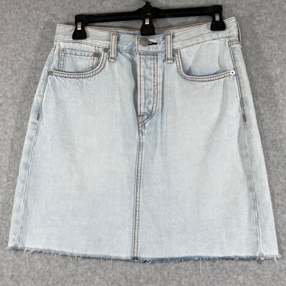 Rag & Bone Primrose Mini Skirt Womens Sz 26 Light Blue Denim Raw Hem Button Fly